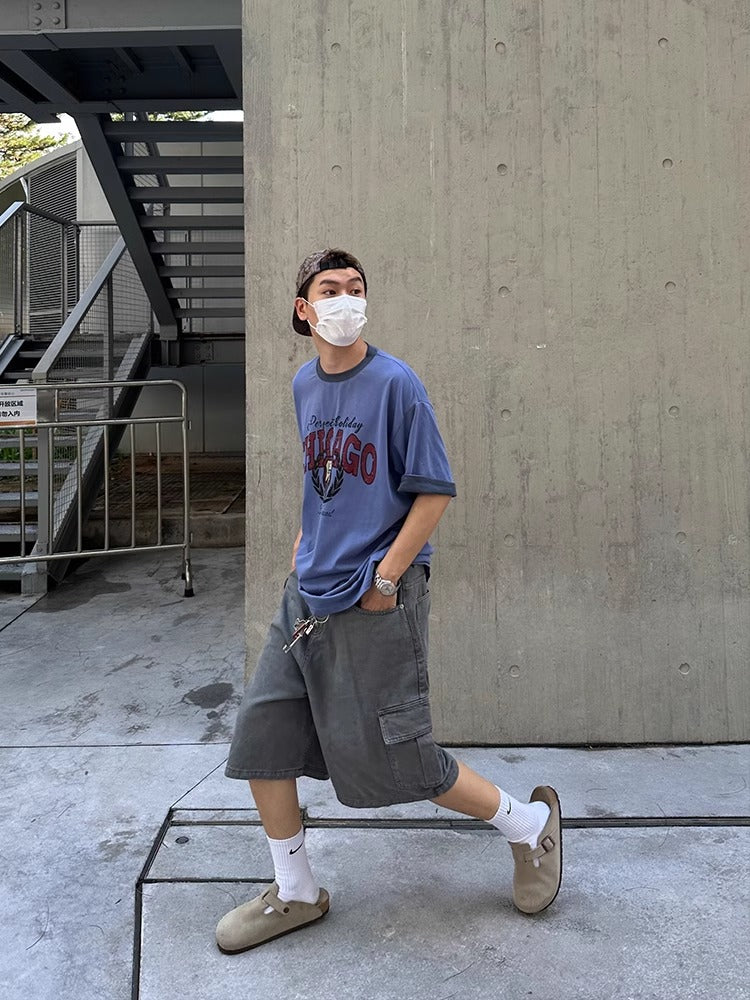 American retro washed denim shorts men's summer casual loose straight wide leg trendy brand pocket workwear cropped trousers