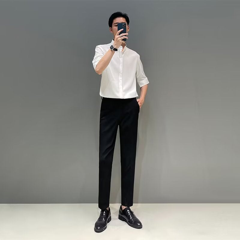saferido -shop classy outfits men New Chinese Style Stand Collar Short-Sleeved Shirt Men's Summer New Niche Shirt Trendy Ice Silk Drape All-Match Top