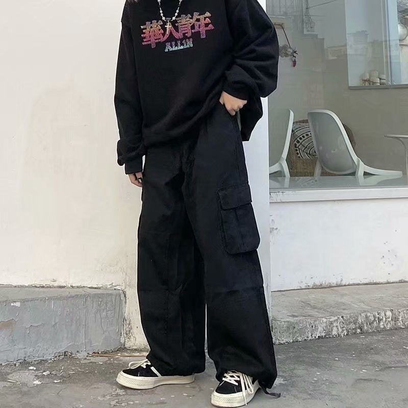 saferido -shop 90s streetwear Men's Stitching Overalls Spring and Autumn New Loose Korean Style Drawstring Casual Pants Youth Gas Straight Pants