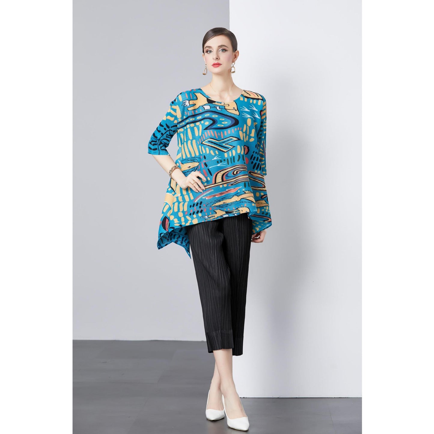 Popular style suit women's niche high-end sense loose elastic pleated printed top + high-waisted wide-leg casual pants