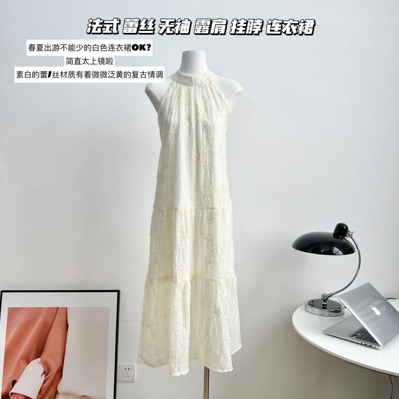 2025 Design sense niche retro texture sense flower embroidery sleeveless neck temperament long dress super fairy vacation style dress