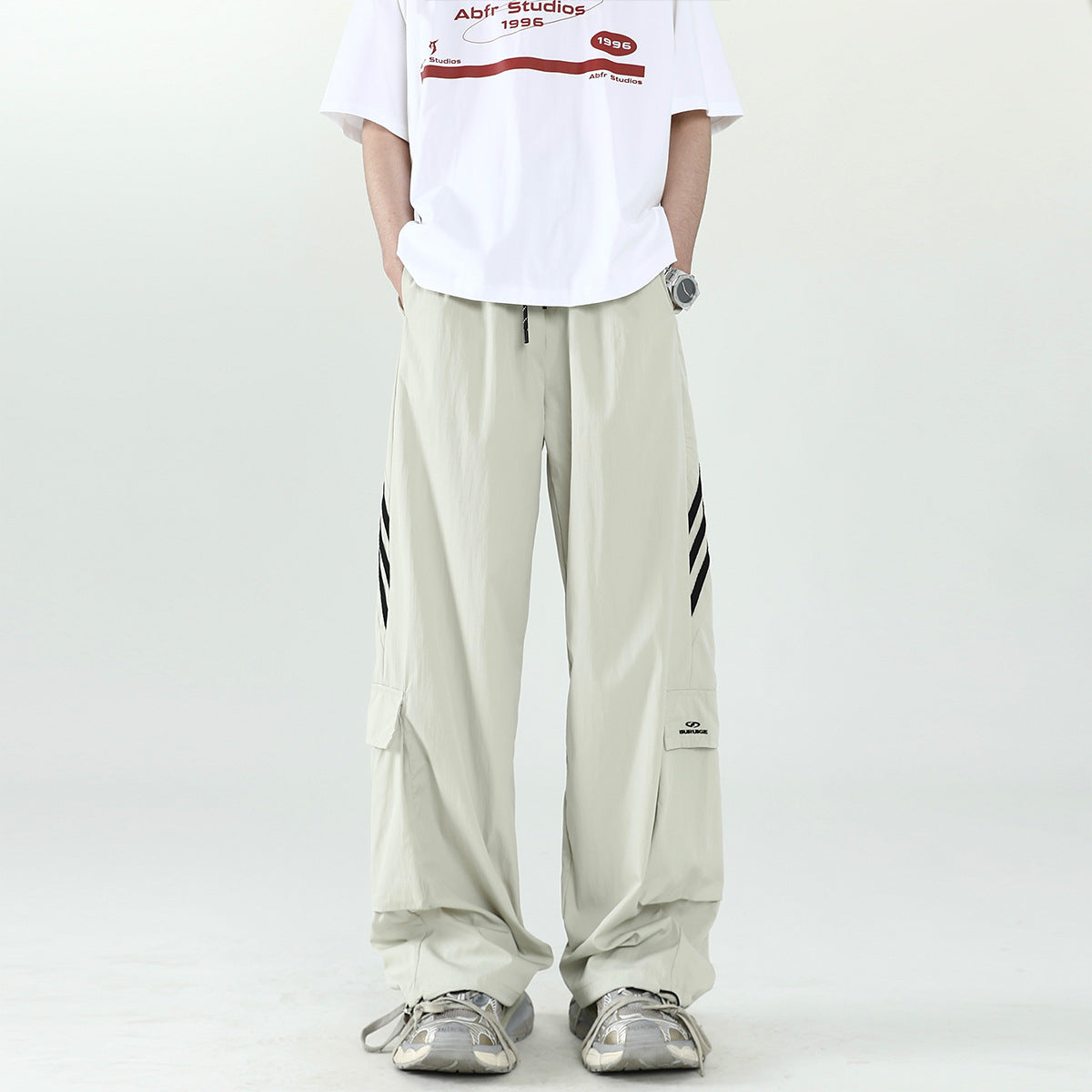 American striped quick-drying assault pants men's summer trendy brand stitching large pocket overalls high street straight quick-drying trousers