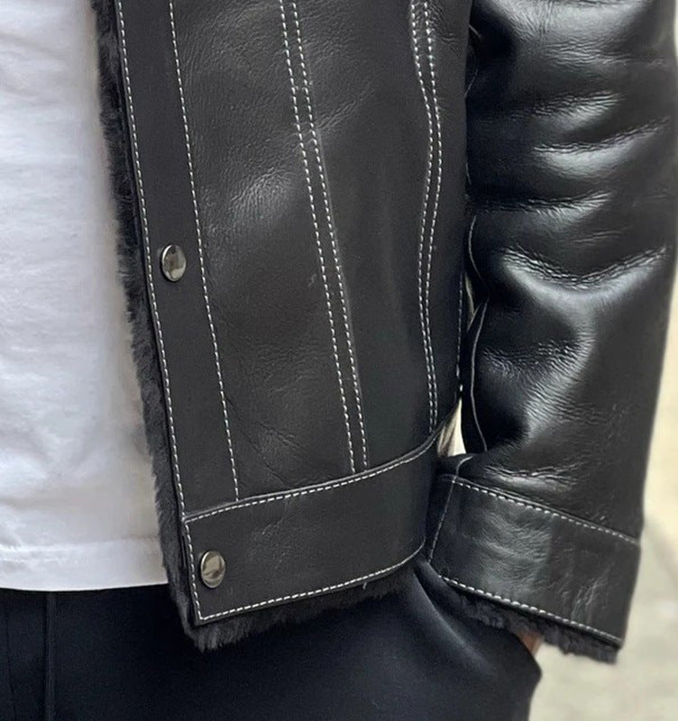 2025 New wish New black fur collar plush thickened men's leather jacket 6571