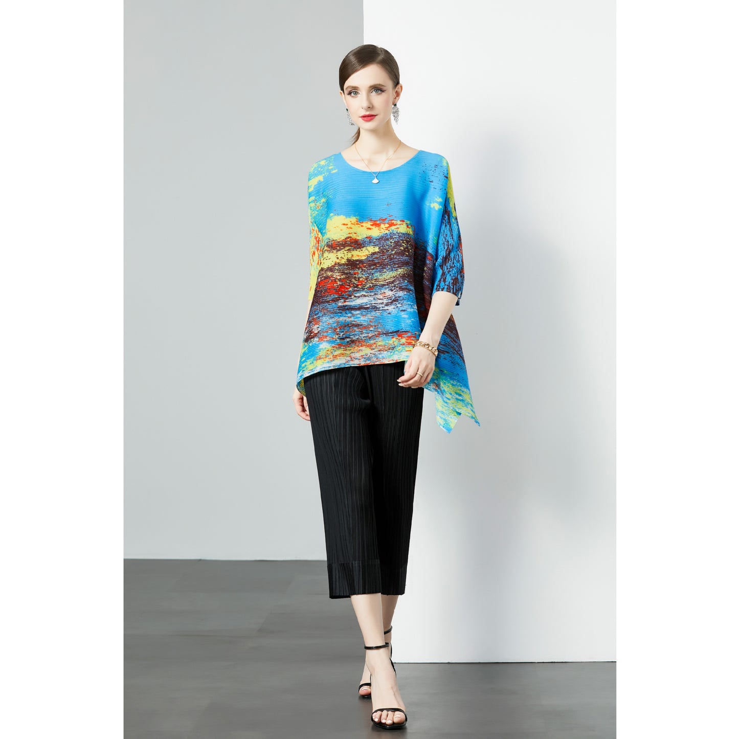 Popular style suit women's niche high-end sense loose elastic pleated printed top + high-waisted wide-leg casual pants