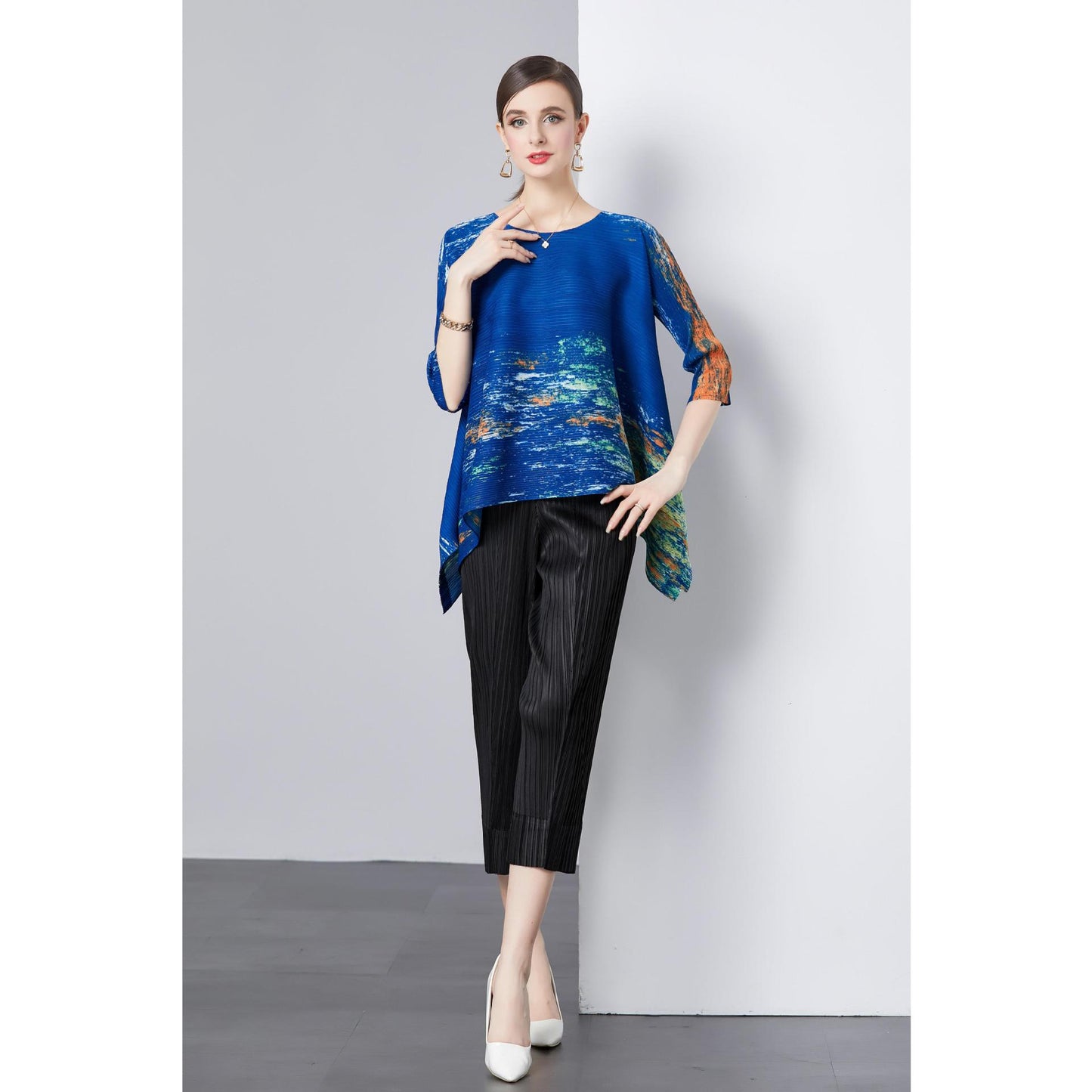 Popular style suit women's niche high-end sense loose elastic pleated printed top + high-waisted wide-leg casual pants