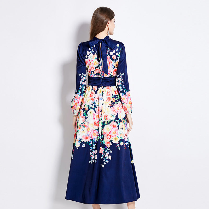 Hot trade export women's clothing popular retro court style long dress temperament V-neck waist thin dress women