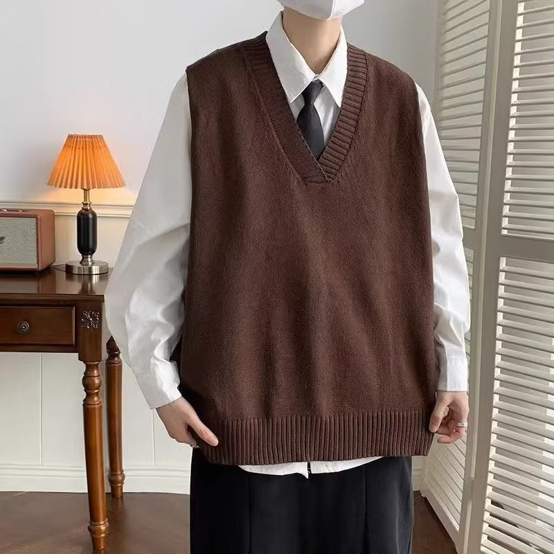 saferido boy outfits V-neck Sweater Men's Japanese Style Lazy Retro Men's Knitted Vest Autumn and Winter Loose Hong Kong Style Waistcoat