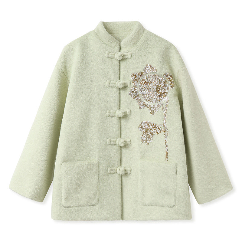 Winter Guofeng new heavy industry bead design sense buckle light luxury loose new Chinese jacket women MY099
