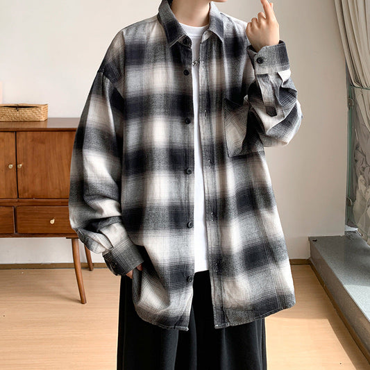 saferido      -shop black men fashion urban Spring and Autumn Flannel Cotton Plaid Long-Sleeved Shirt Men's Japanese Wear Loose plus Size All-Match Top Coat