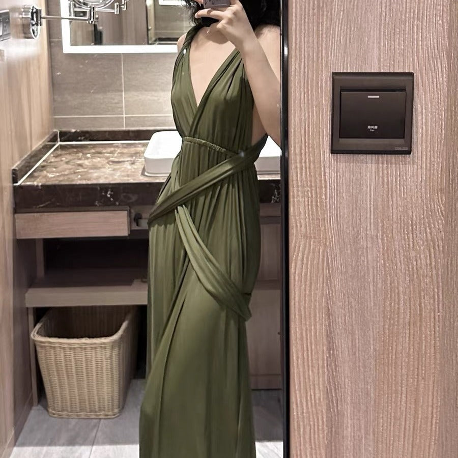2025 high-end sense high-cold imperial sister style neck dress green evening dress high-end light luxury niche long dress summer