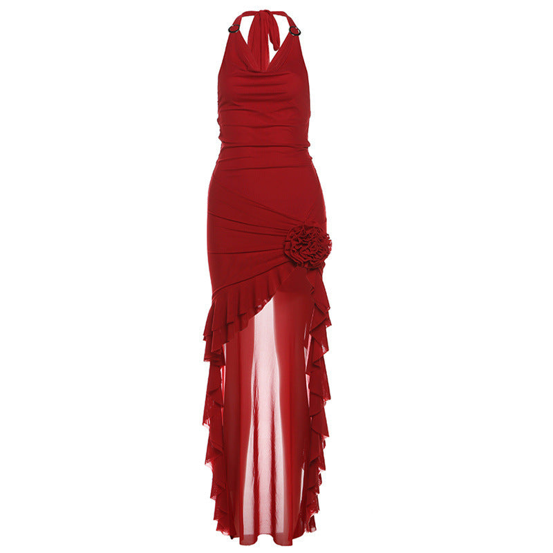 2025 style popular summer new women's clothing solid color sexy spice girl neck slim waist mesh dress