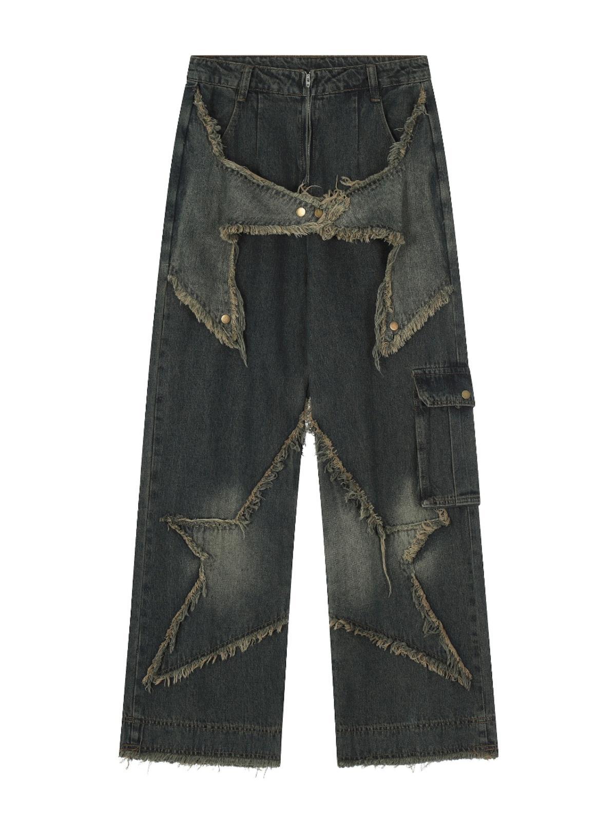saferido skater boy outfits American-Style Retro Multi-Pocket Star Frayed Jeans Men's and Women's Loose Washed Distressed Wide-Leg Pants Summer