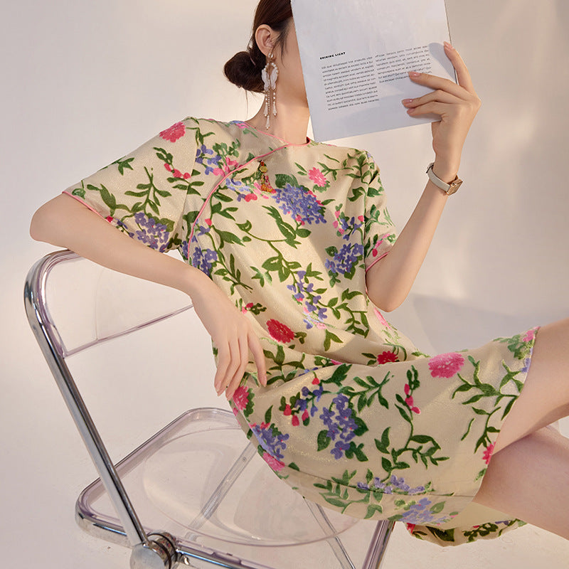New Chinese style light national style burnt mulberry silk dress with loose temperament and niche design short skirt women M3113