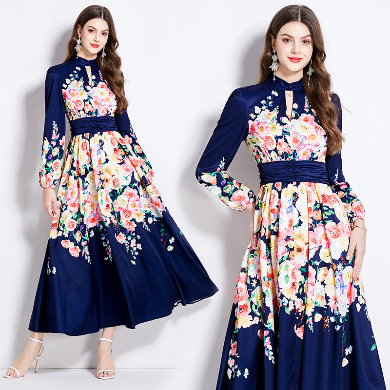 Hot trade export women's clothing popular retro court style long dress temperament V-neck waist thin dress women