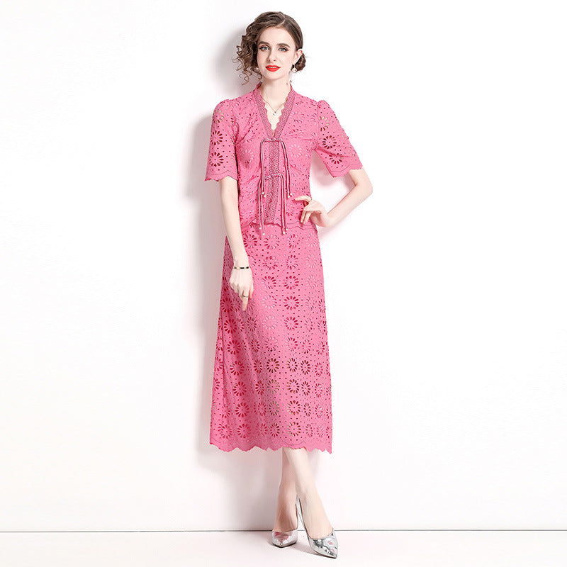 Live stream with goods Internet celebrity Popular style lace retro skirt set fashion buckle short sleeve top long skirt two-piece set