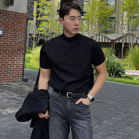 saferido      -shop black men fashion urban Black Half Turtleneck Pullover Knitted T-shirt Men's American-Style Men's Short-Sleeved Sweater Trendy Slim Bottoming Half-Sleeved Shirt
