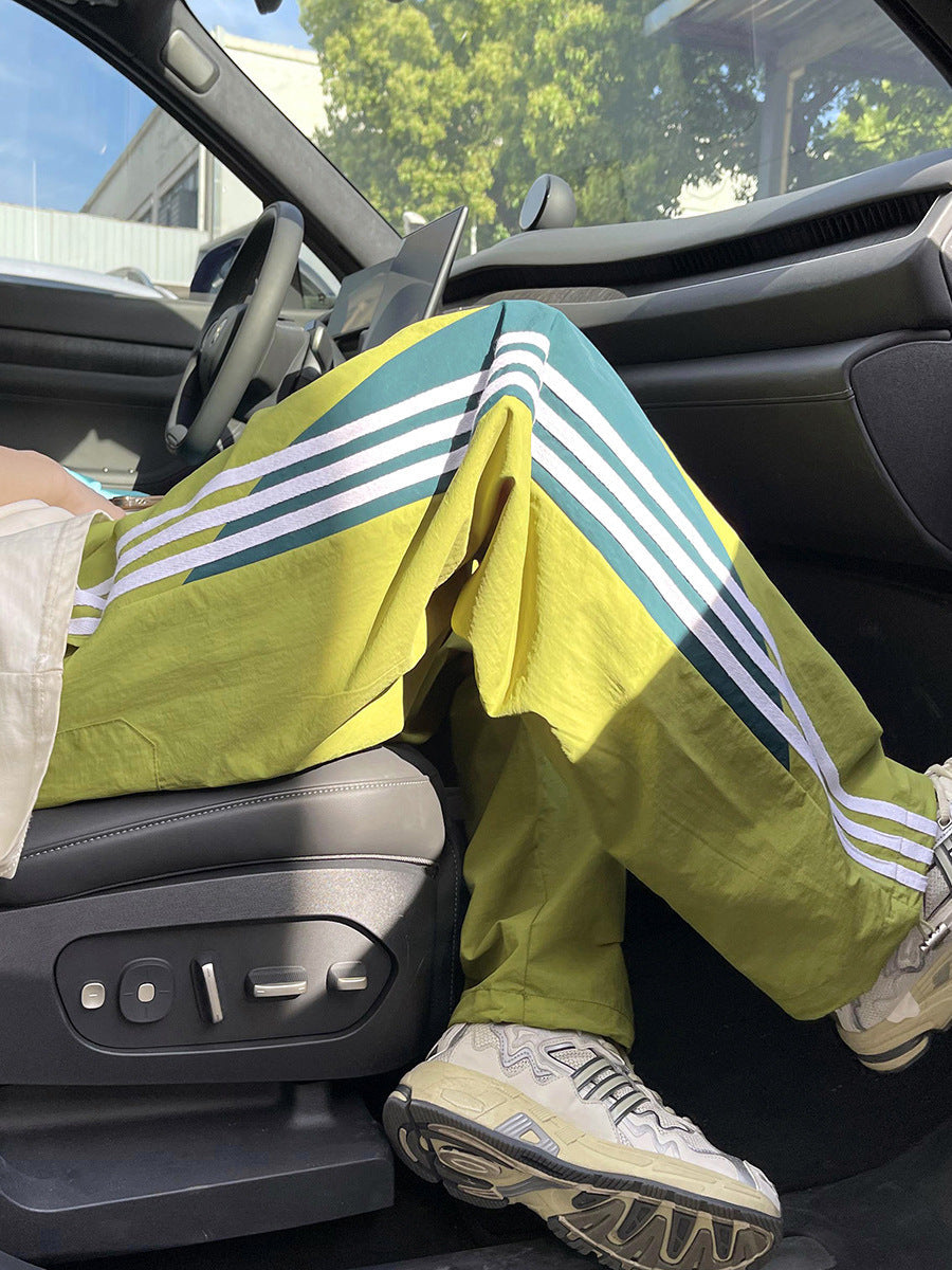 Summer dopamine quick-drying casual pants men's trendy three-bar contrast color loose straight American sports paratrooper pants