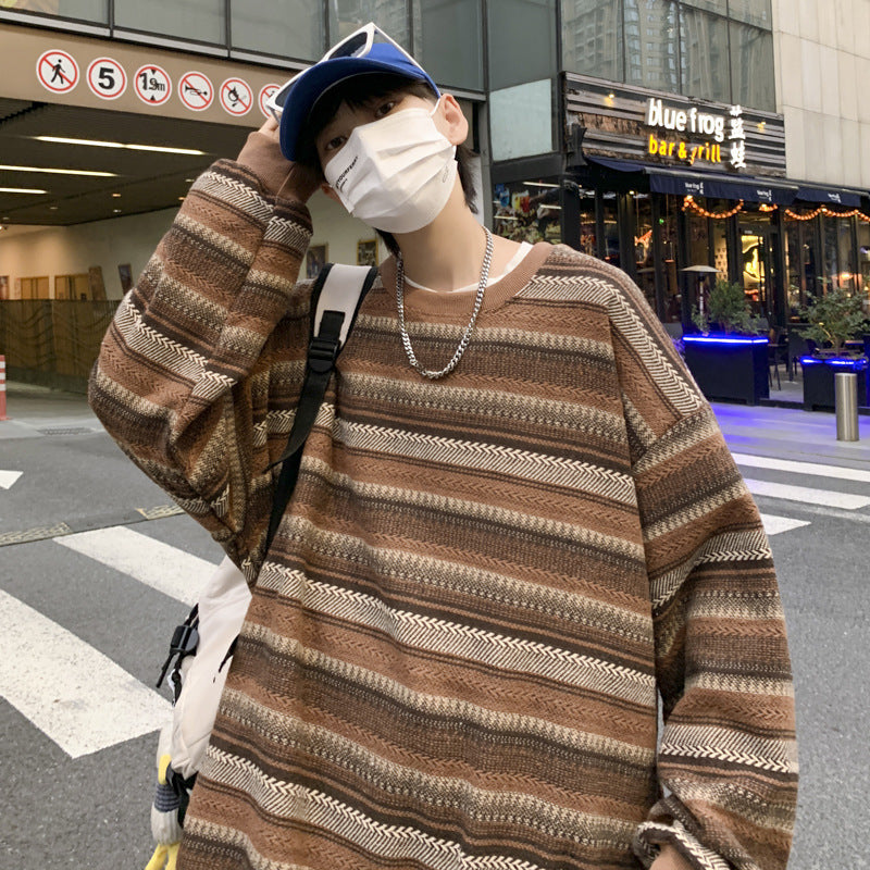 saferido -shop boy outfits Hong Kong Style Retro Striped Sweater Men's Autumn and Winter New Ins Trendy Korean Style Loose Couple Pullover Color Matching Sports Jacket