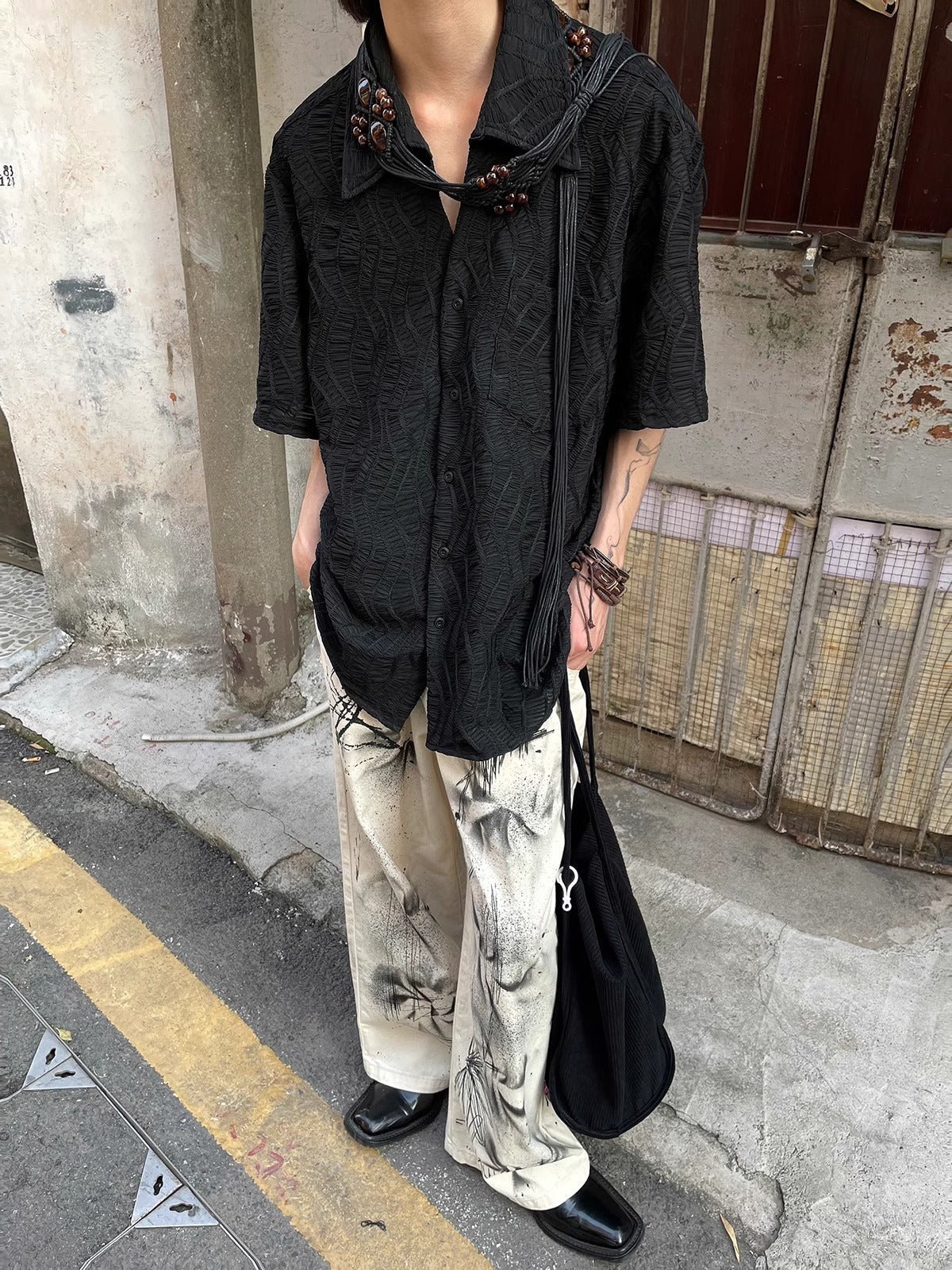 Retro niche Yohji Yamamoto style pleated free ironing Cuban collar jacquard design short-sleeved shirt men's summer new style