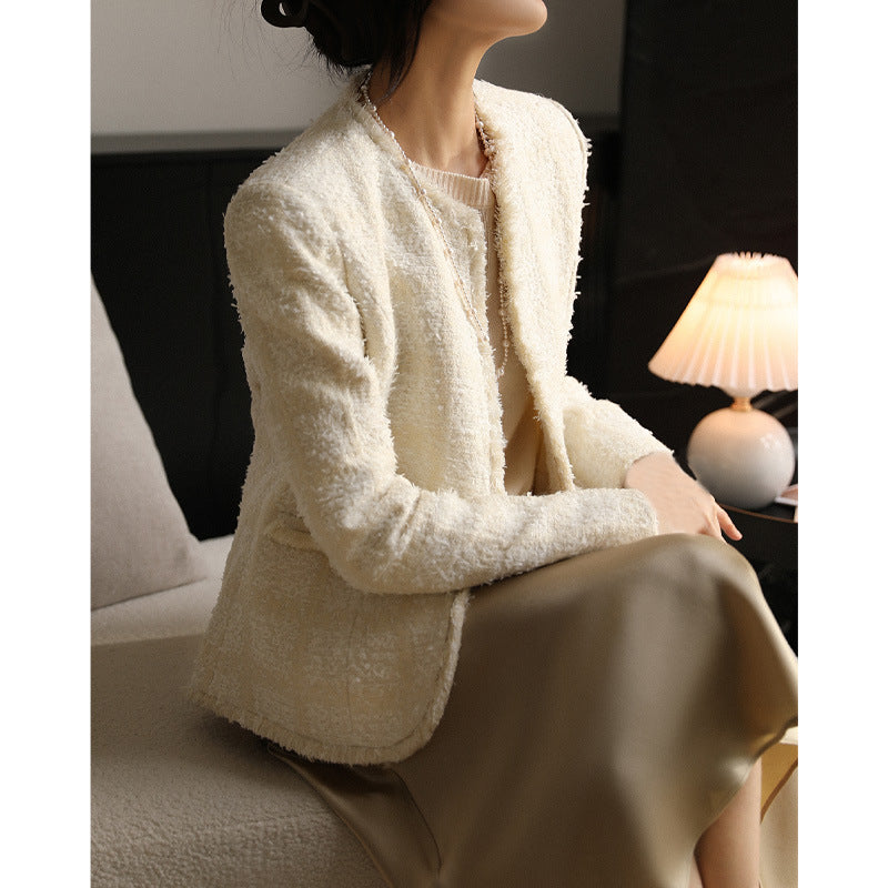 2025 Wool tassel tweed white small fragrant coat texture high sense spring and autumn spring women's short