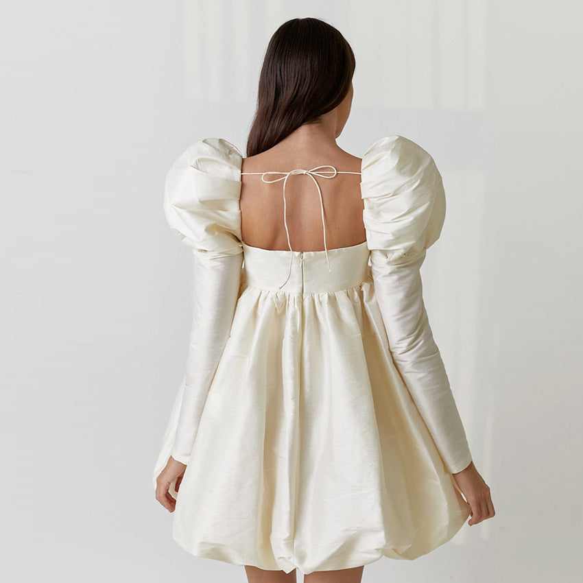 2025 Autumn Bubble Sleeve Satin Satin Princess Dress Small Dress Long Sleeve Square Neck Court Style Dress Women