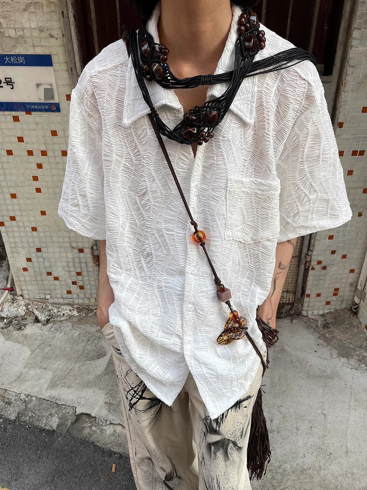 Retro niche Yohji Yamamoto style pleated free ironing Cuban collar jacquard design short-sleeved shirt men's summer new style