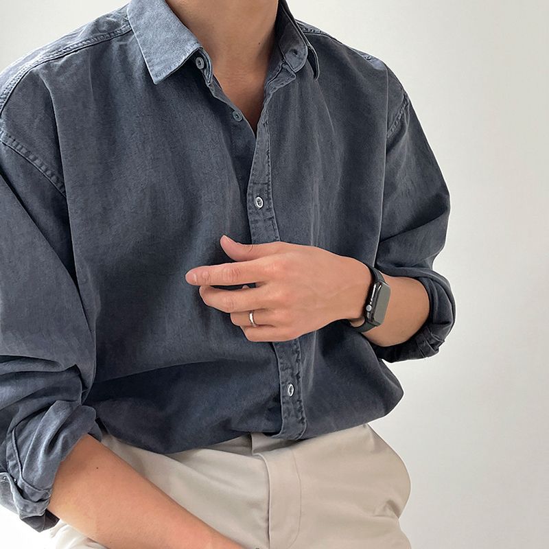 saferido mens fall fashion Denim Shirt Men's Inner Wear Autumn Japanese Retro Long-Sleeved Shirt Niche High-Grade Loose-Fit Shirt