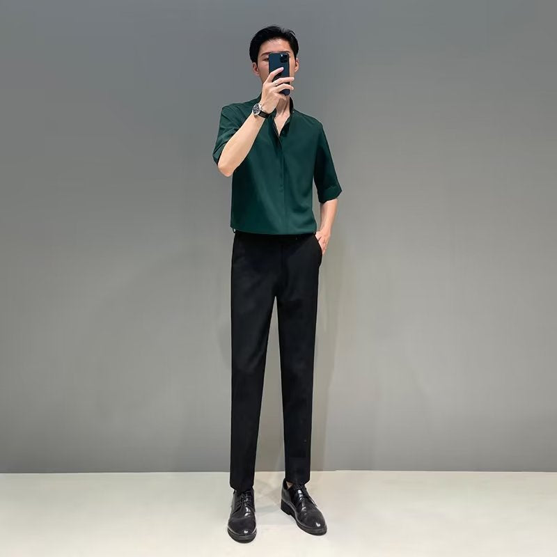 saferido -shop classy outfits men New Chinese Style Stand Collar Short-Sleeved Shirt Men's Summer New Niche Shirt Trendy Ice Silk Drape All-Match Top