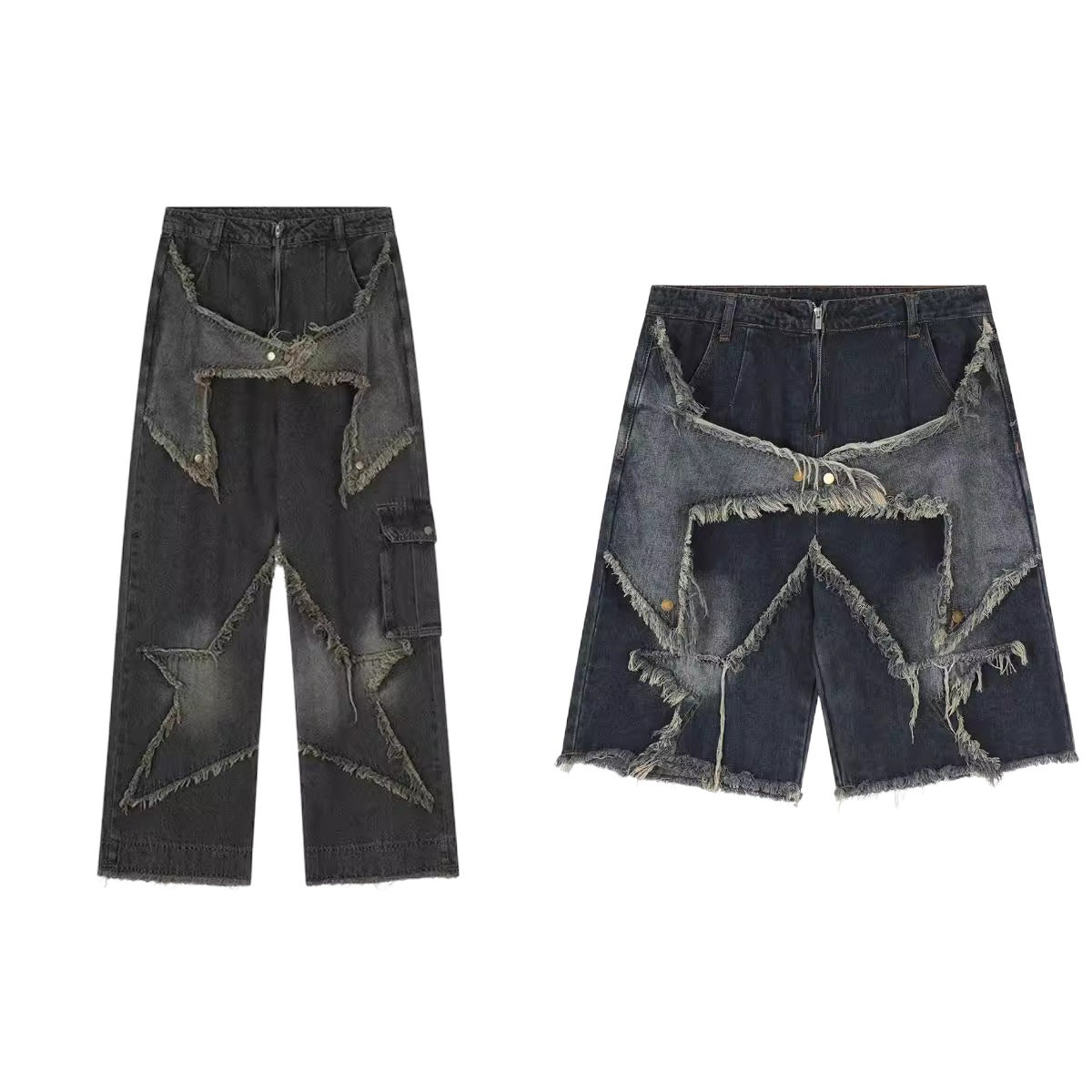 saferido skater boy outfits American-Style Retro Multi-Pocket Star Frayed Jeans Men's and Women's Loose Washed Distressed Wide-Leg Pants Summer