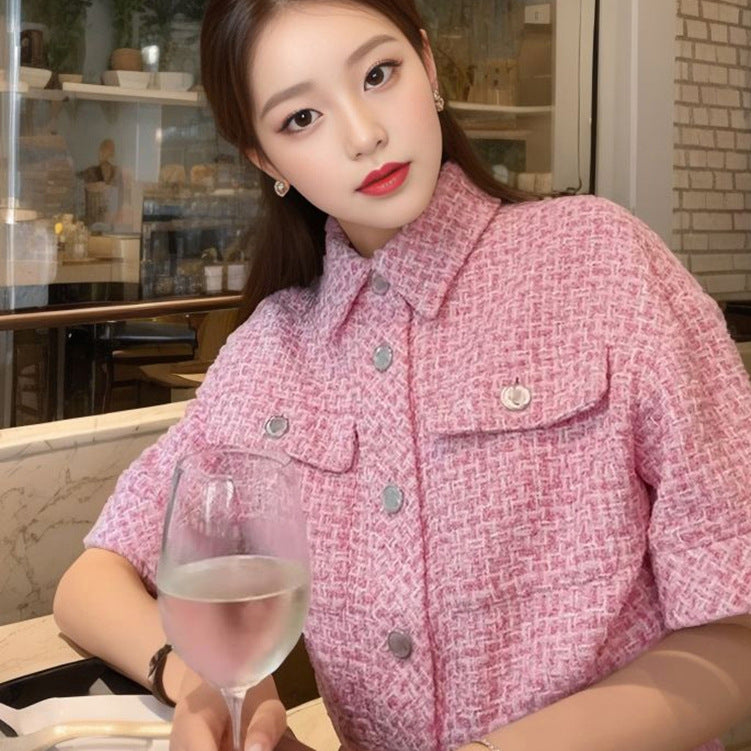24 Spring and summer new pink tweed suit skirt small short coat high waist skirt two-piece set L1064