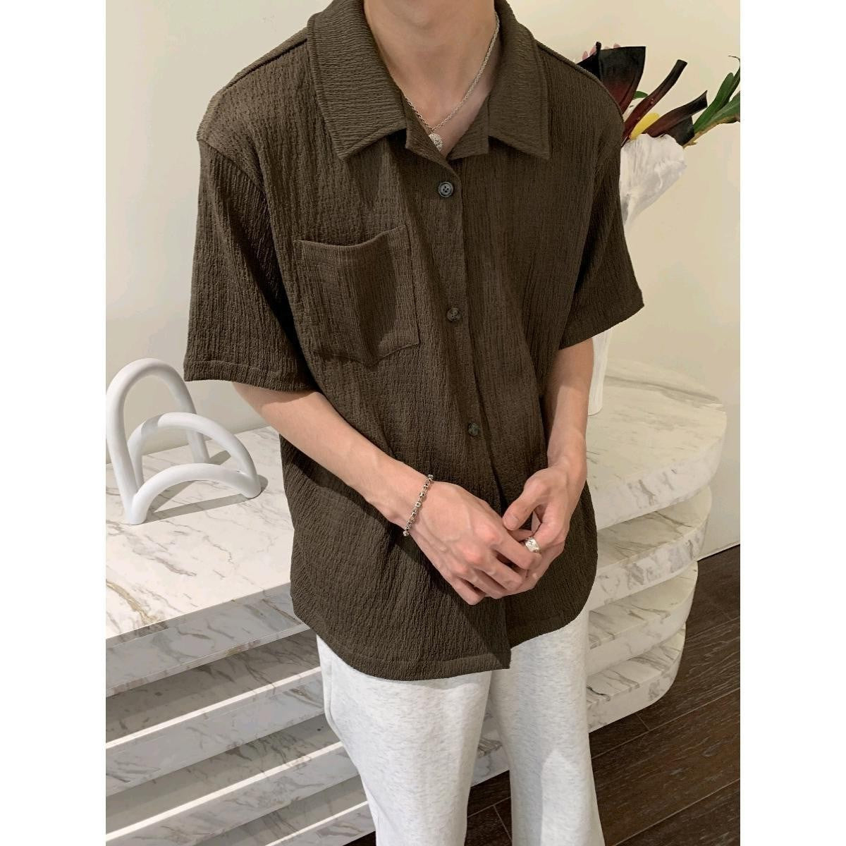 saferido frat boy outfit Korean Style Pleated Texture Short Sleeve Shirt 2024 New Men's High Sense Ins Youth Pointed Collar Popular Korean Style Shirt