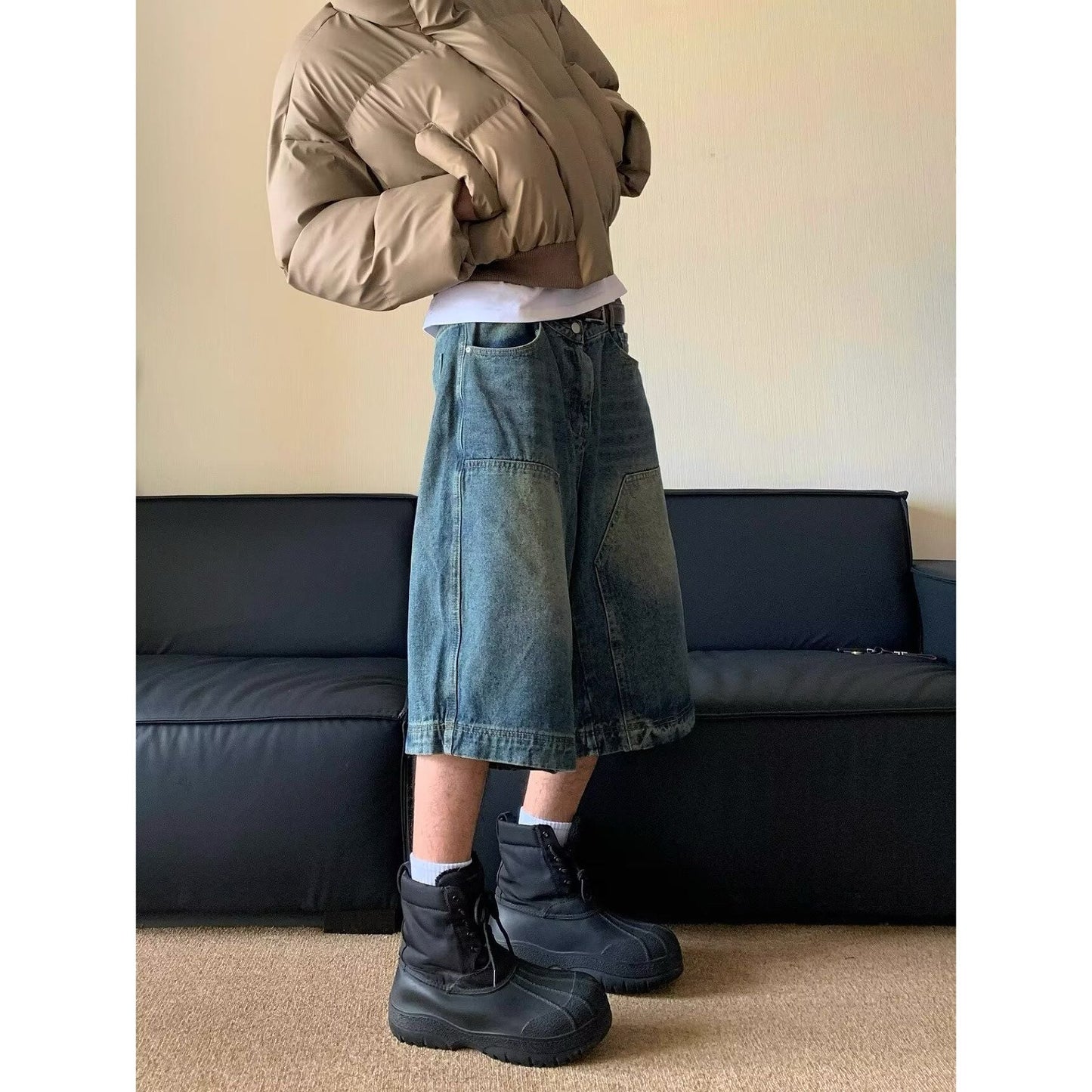 saferido 90s streetwear American-Style Retro Washed High Street Stitching Denim Shorts Men's and Women's Summer Wide-Leg Distressed Casual All-Match Cropped Pants