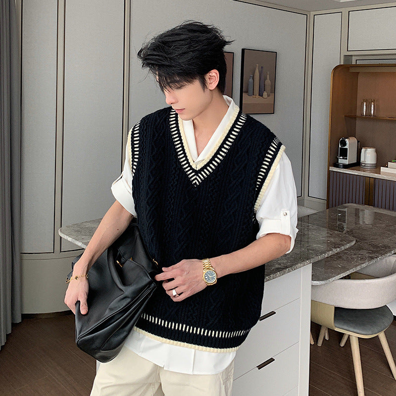 saferido -shop mens fashion Shanlitadi Autumn and Winter College Style Twist Sweater Men's Casual V-neck Vest Sweater Korean Style Loose Waistcoat Top