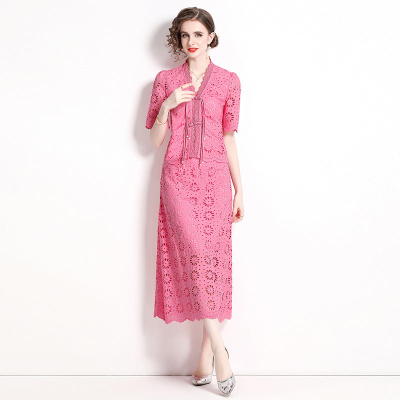 Live stream with goods Internet celebrity Popular style lace retro skirt set fashion buckle short sleeve top long skirt two-piece set