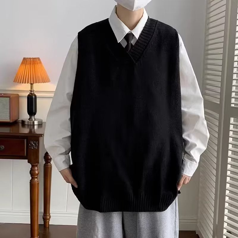 saferido boy outfits V-neck Sweater Men's Japanese Style Lazy Retro Men's Knitted Vest Autumn and Winter Loose Hong Kong Style Waistcoat