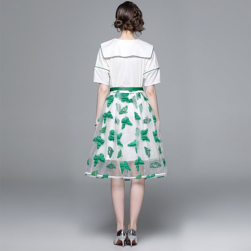 Hot style age-reducing suit skirt women's summer new design short-sleeved top embroidered butterfly mesh skirt two-piece set