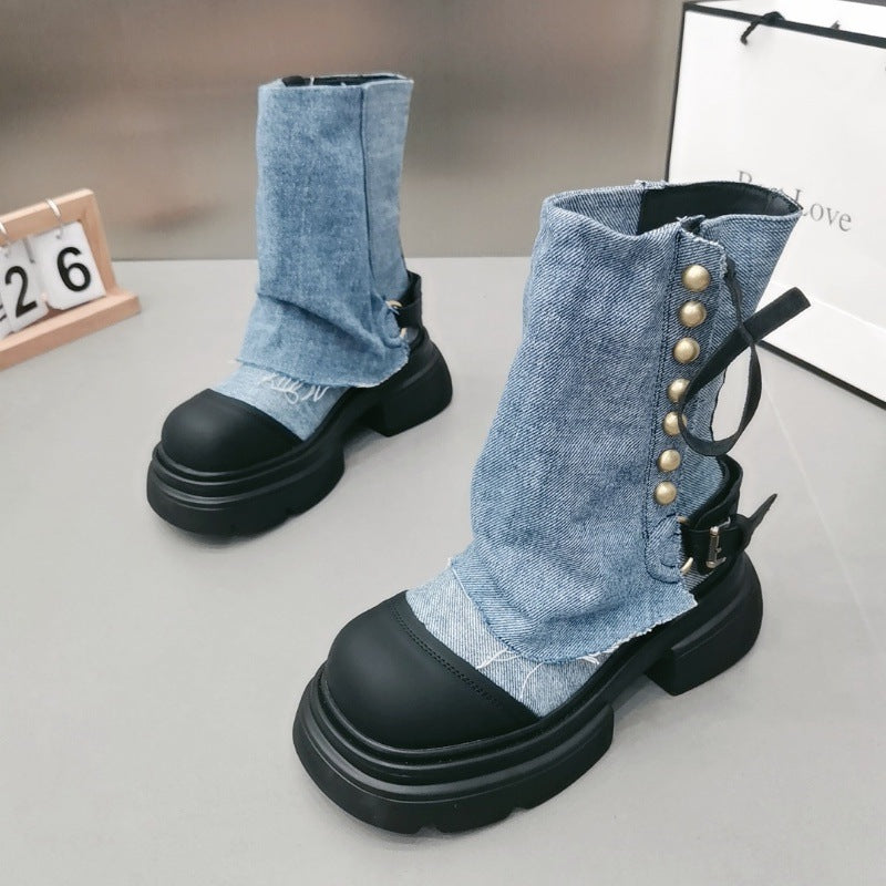 2025 Western denim cloth pants tube boots knight martin boots women's autumn and winter popular short boots children thick heel