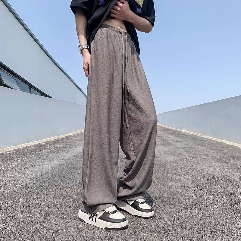 saferido fall mens outfits Ice Silk Pants Men's Summer Thin American High Street Fashion High-Grade Ruffle Handsome Drape Straight Wide-Leg Casual Trousers