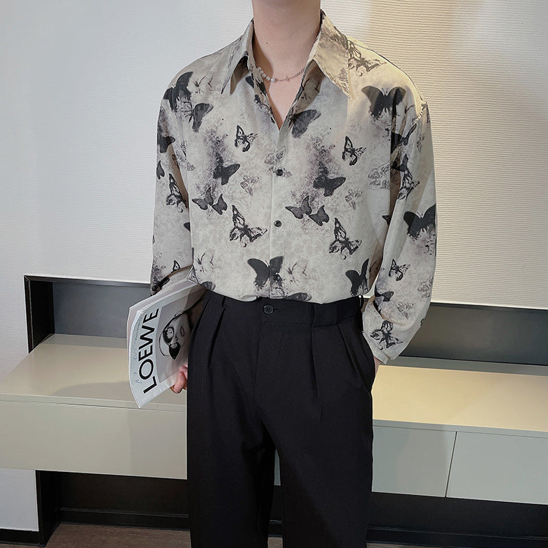 National style niche design butterfly short-sleeved shirt men's summer new loose drape cleanfit full print shirt