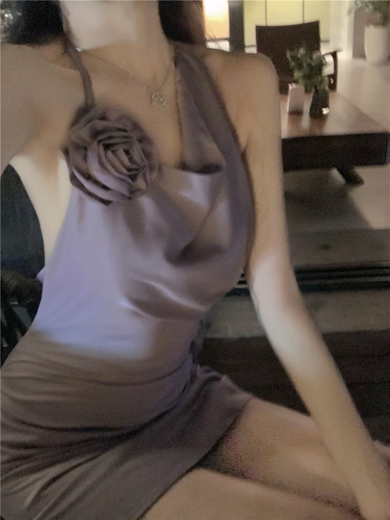 2025 sexy pure desire style high sense Spice girl neck satin dress seaside vacation backless irregular short skirt