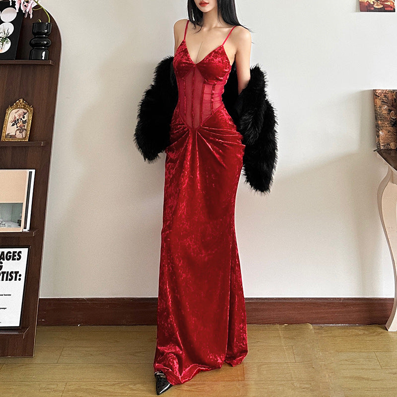 2025 style popular winter new women's clothing sexy babes slim backless suspender long dress sleeve dress
