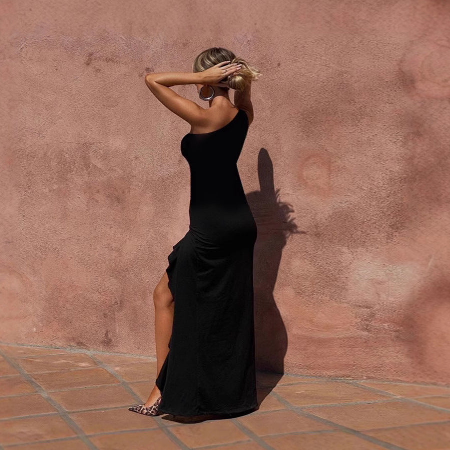 SAFERIDO 2025 style New Popular trade women's clothing new slanted shoulder sexy hollow slim ruffle side split dress