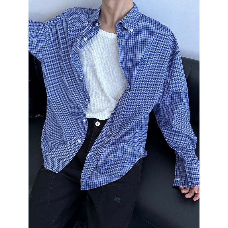 American retro lazy loose blue plaid long-sleeved shirt men new versatile casual embroidered shirt trend