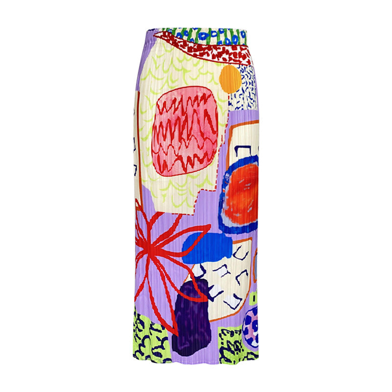 Folded skirt summer new niche printing pleated skirt casual medium and long A word elegant style women's clothing