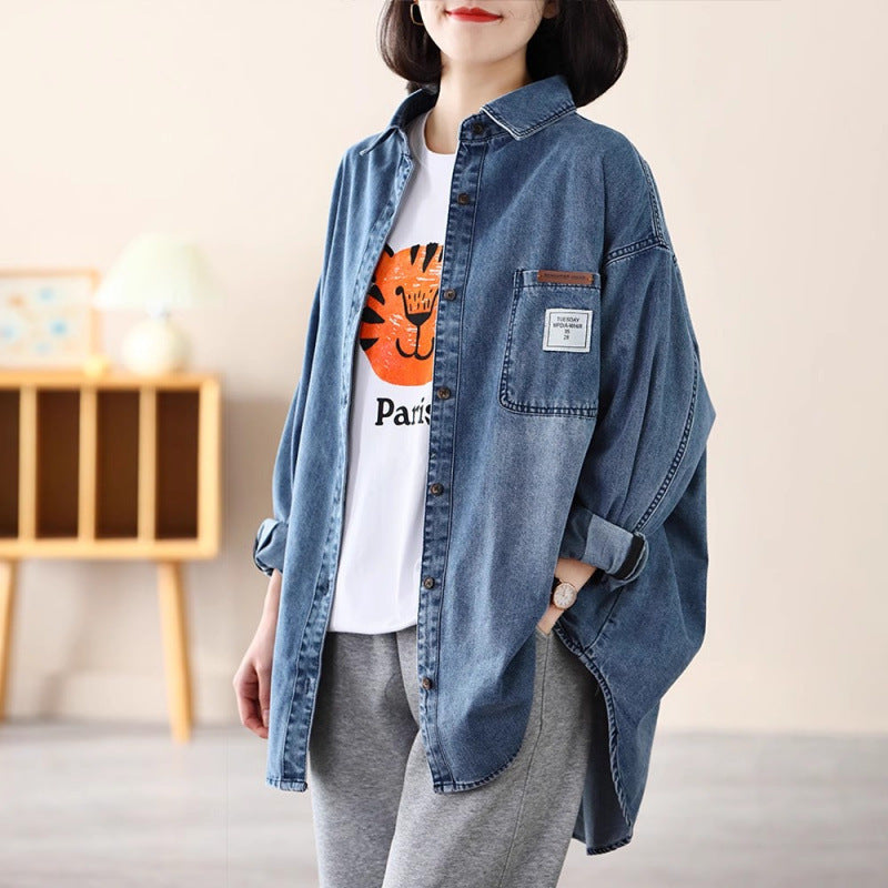 autumn new denim shirt jacket women's POLO collar casual literary age reduction loose and thin large size shirt