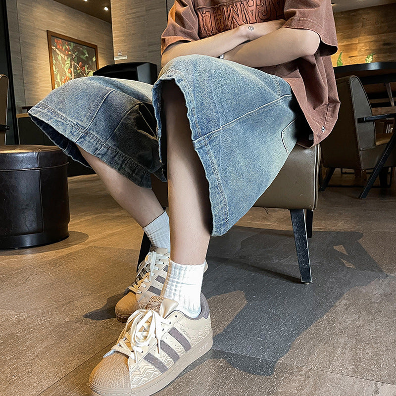 saferido 90s streetwear American Retro Workwear Denim Shorts Men's Summer Versatile High Street Vibe Loose Washed Wide-Leg Shorts