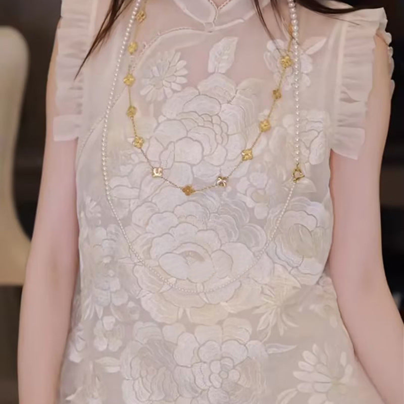 New Chinese mulberry silk sleeveless lace vest summer new national style stand-up collar buckle vest N4012