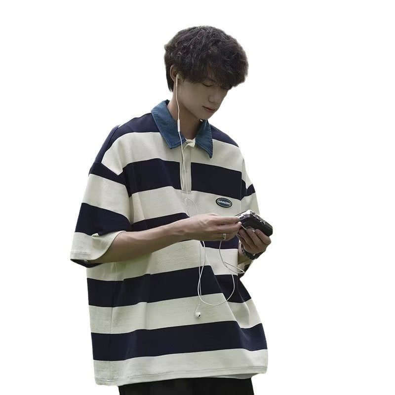 saferido -shop masc outfits American Retro Design Striped Top Men's and Women's Summer Loose All-Match College Style Couple Polo Shirt Short Sleeve Fashion