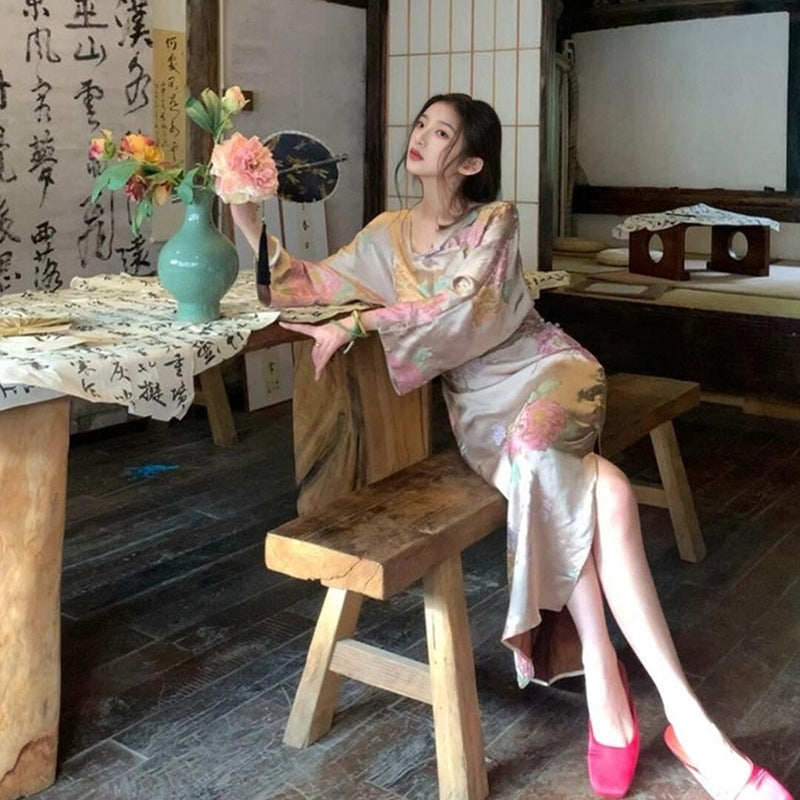 national style new Chinese printing design sense split silk cheongsam dress slim slim dress M6065