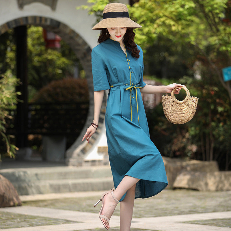 National style medium and long temperament dress summer new fashion waist thin breathable long skirt